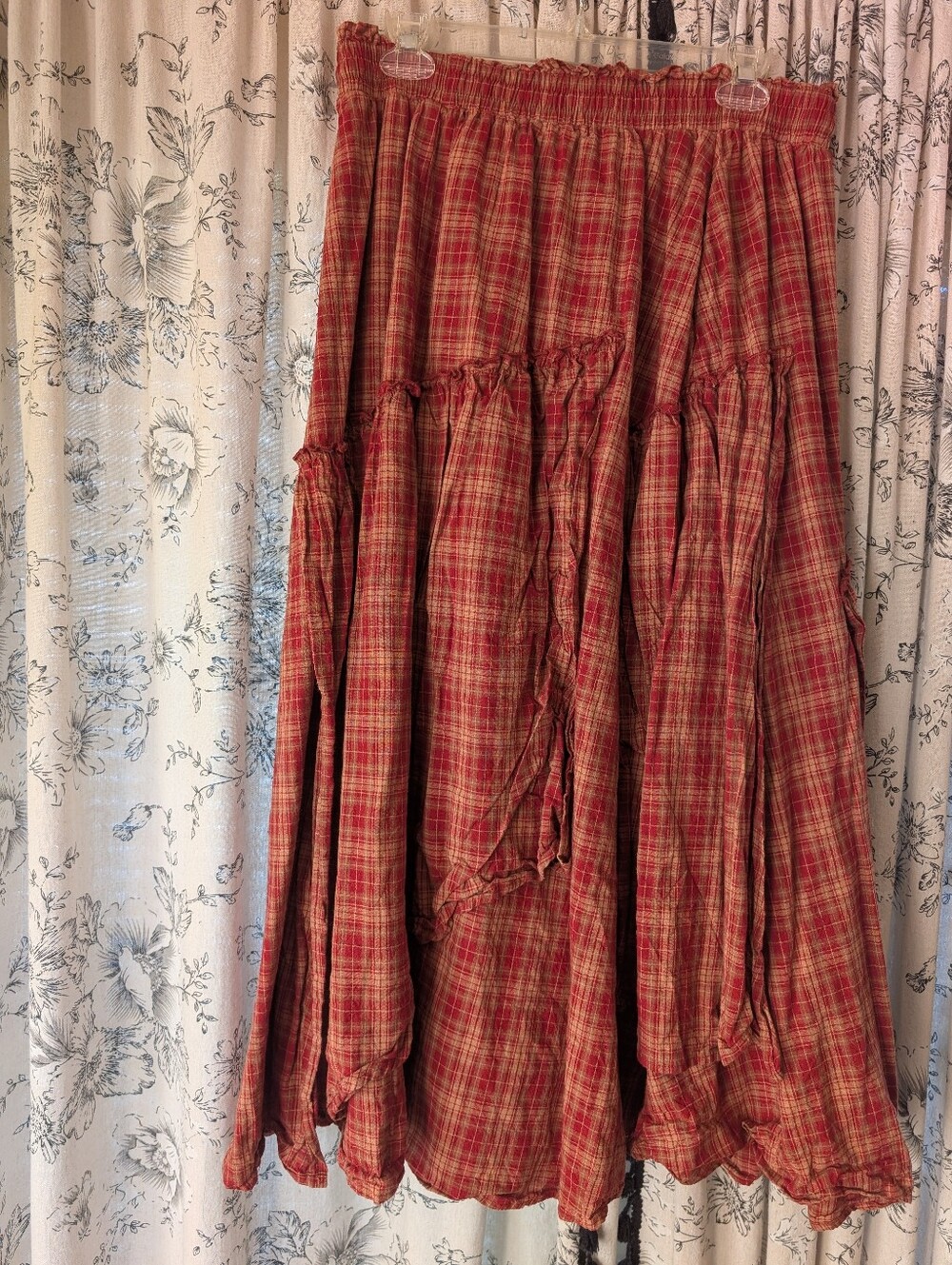 Plaid midi skirt, ruffled edges, Size XL, hippie/cowgirl vibe - Picture 3 of 5